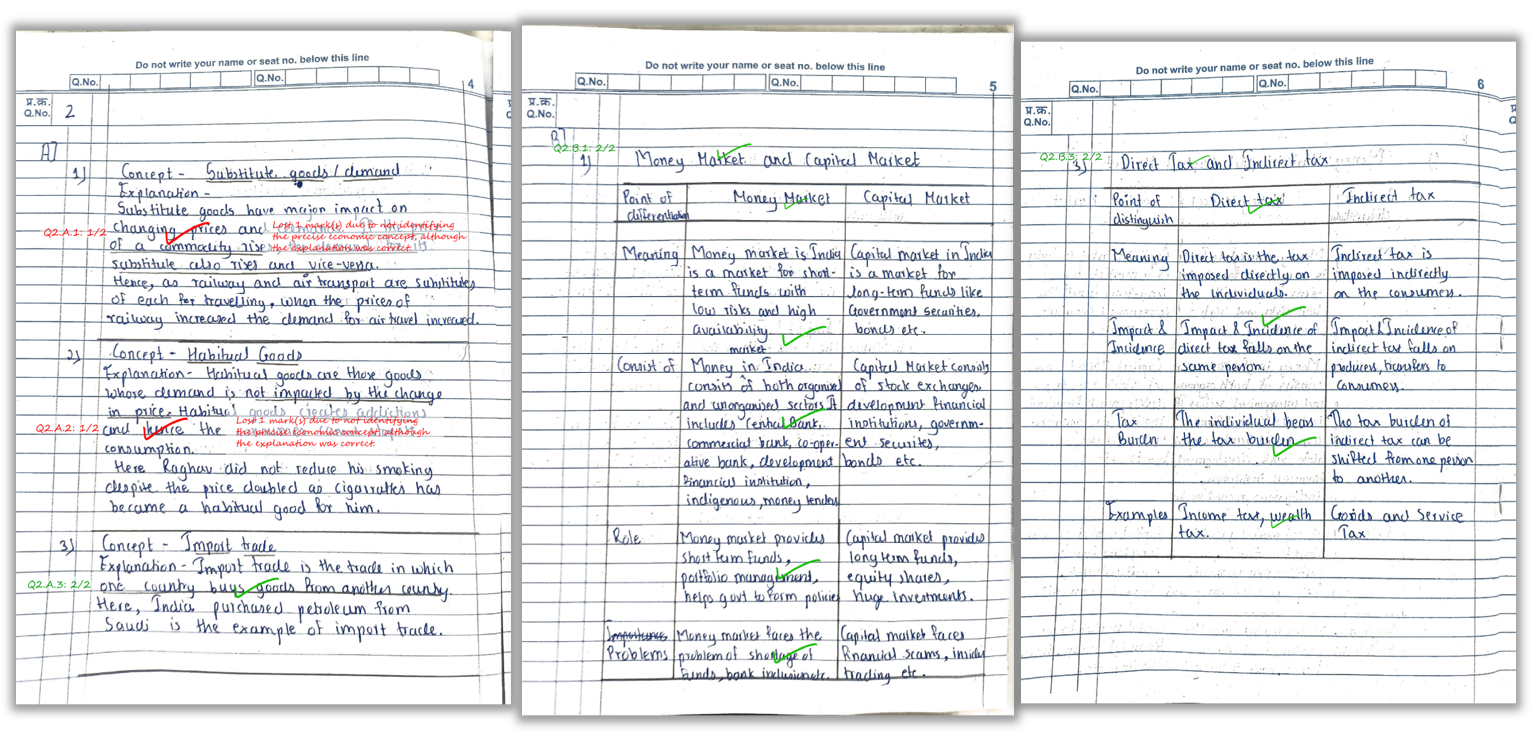 Second sample marked answer sheet page with scoring and feedback